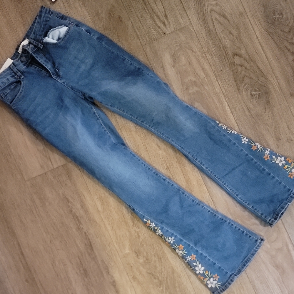 Embroidered Blue Flare Wide Leg Jeans
